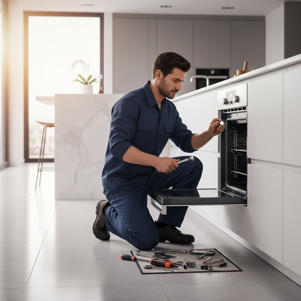 Technician repairing a built-in oven in a modern kitchen